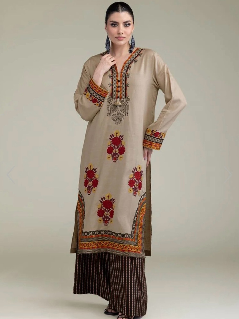 KHAADI Beige Embroidered Long Sleeve Kurta with Red Floral Accents with trouser
